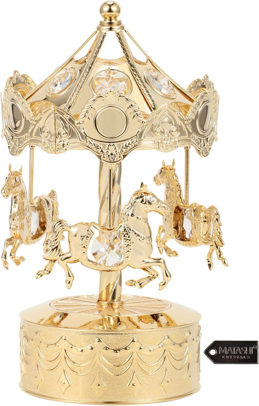 Matashi Tabletop Crystal Studded Music Box Carousel with Horses Figurine, Home Decorative Showpiece Ornament (24k Gold Plated) Gift for Birthday Mother's Day Valentine's Day Anniversary