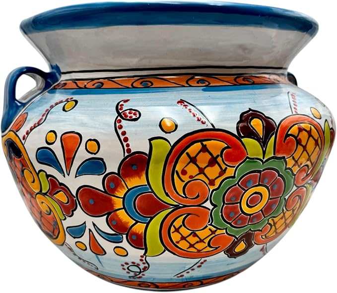 Talavera Michoacana Planter XL Pot Folk Art Multicolor Mexican Pottery Home Decor Hand Painted Garden Indoor Handmade Outdoor 18.5" (Multi 12)