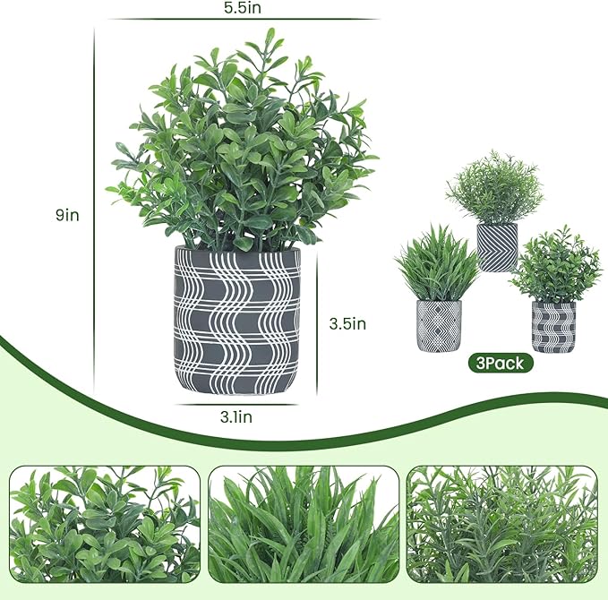 3 Pack Small Fake Plants, Fake Grass Plant, Artificial Boxwood & Rosemary with Geometric Pattern Cement Pots, Small Potted Faux Greenery for Home Decor, Bathroom, Office, Farmhouse Decoration