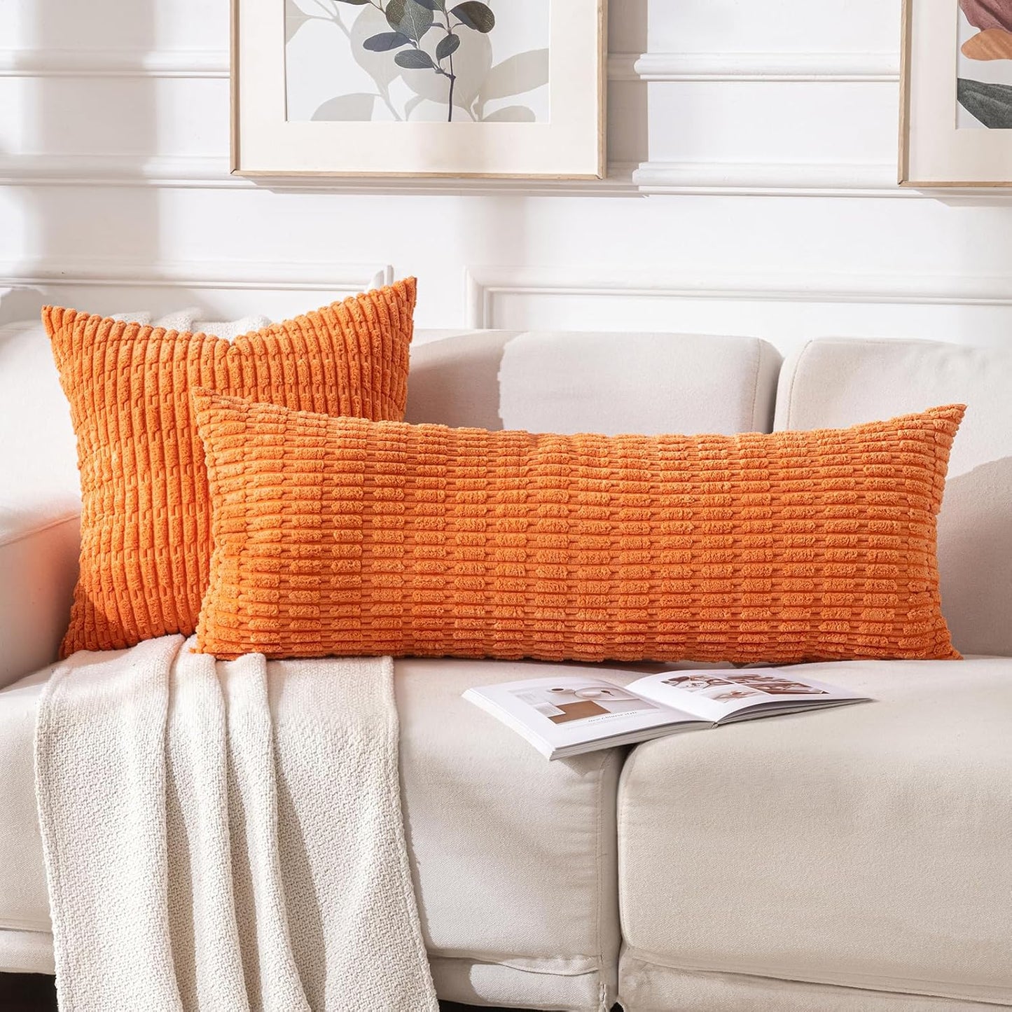 Fancy Homi Fall Orange Long Body Lumbar Decorative Throw Pillow Cover 14x36 Inch for Bed Couch Bedroom, Soft Corduroy Rectangle Solid Pillow Case 35x91 cm, Rustic Farmhouse Boho Room Decor