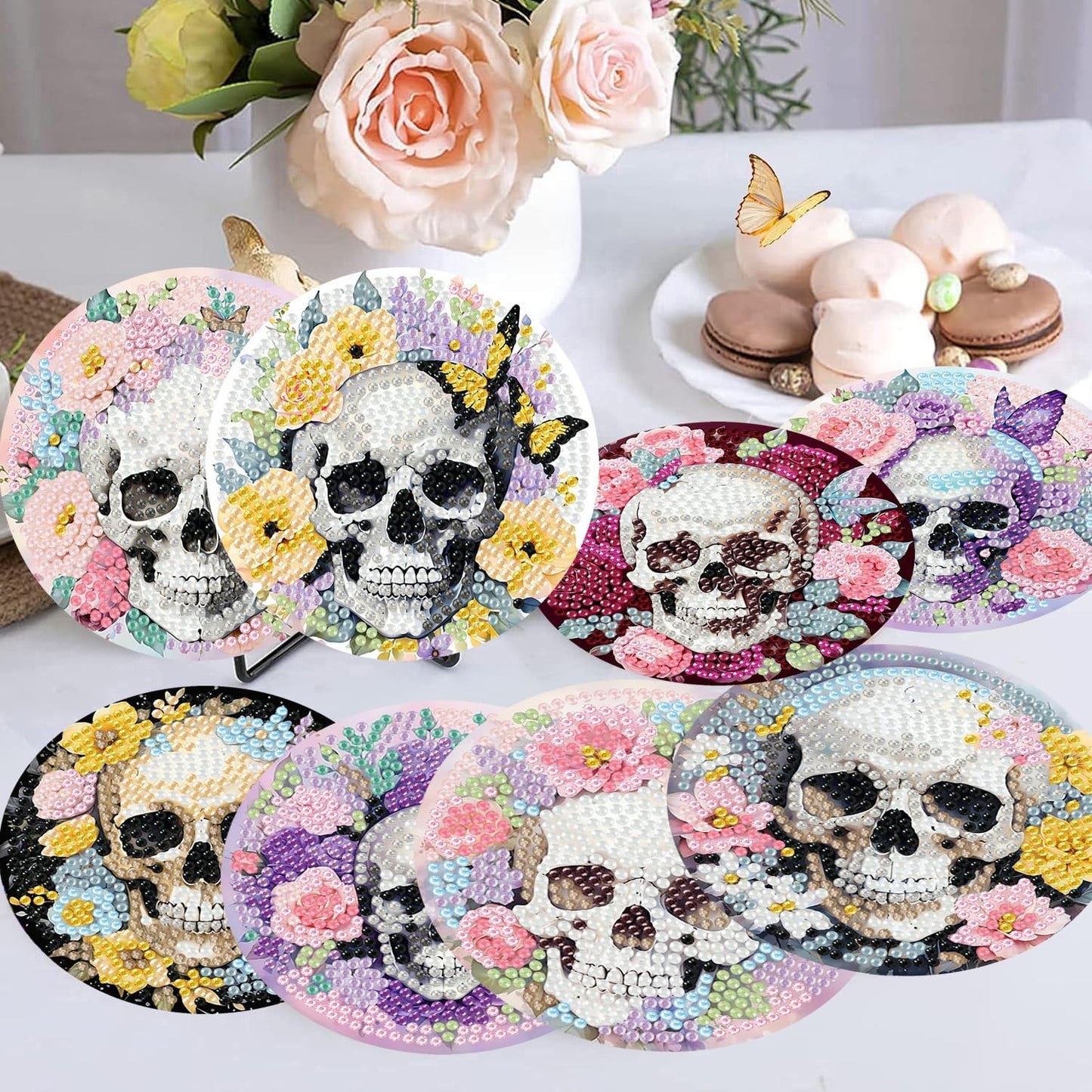 Meothan 8 Pcs Diamond Art Coasters Kits for Adults with Holder Cork Pads, Skull Flowers Diamond Dots Art Painting Coasters Crafts Kit for Home Office Decor (4x4in)