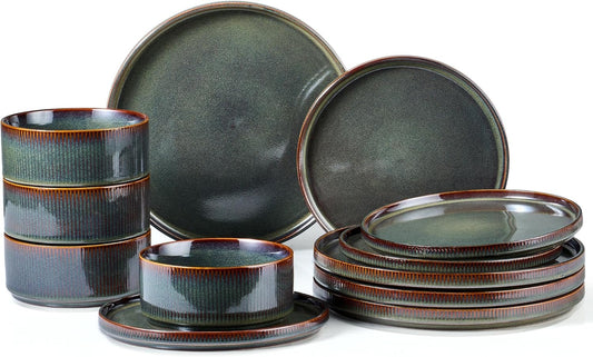 E-far 12-Piece Plates and Bowls Sets, Stoneware Dinnerware Dishes Sets for 4, Kitchen Modern Dining Dishware, Chip & Scratch Resistant, Microwave & Dishwasher Safe, Blackish Green