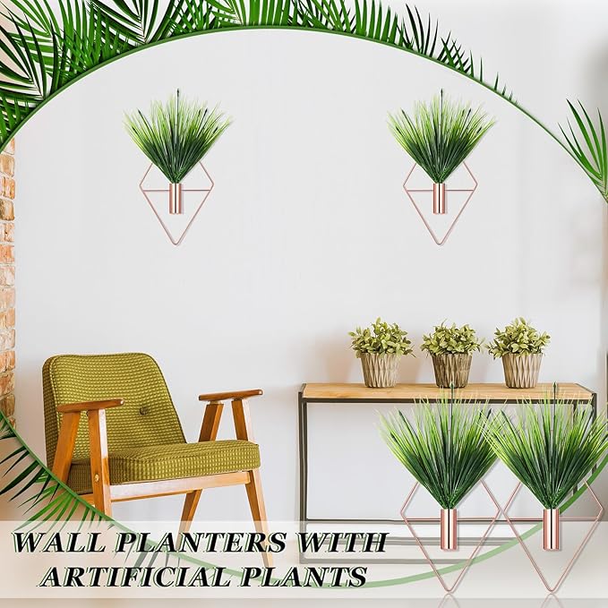 2 Pieces Wall Decor Hanging Planters with Artificial Plants Metal Hanging Vase Indoor Plants Holder Modern Boho Wall Art for Bathroom Bedroom Living Room Decor (Rose Gold,Aquatic Plant)