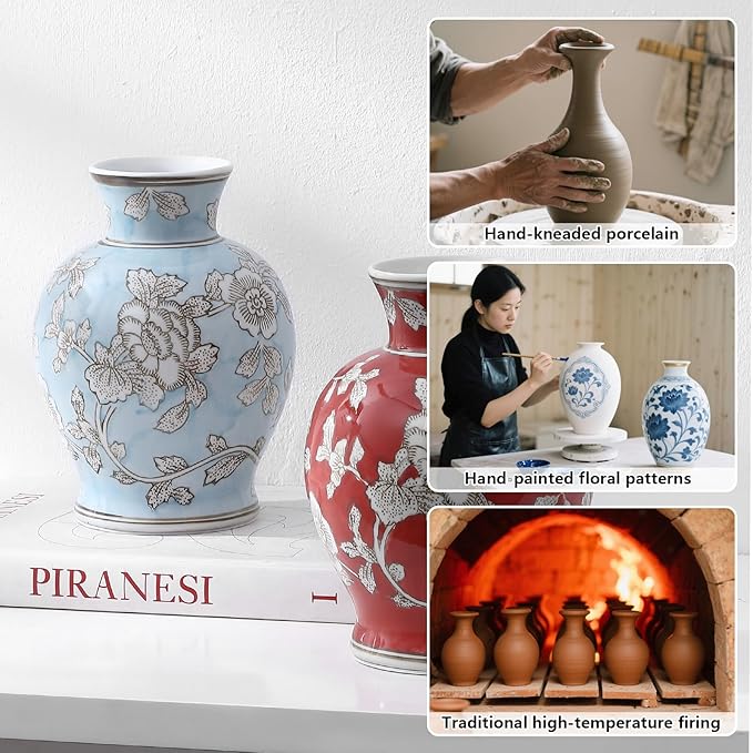 Vintage Chinoiserie Floral Ceramic Vase, Large Rustic Pottery Vases for Living Room, Entryway, Dining Table Centerpiece, Farmhouse Home Décor, Floor or Tabletop Flower Vase, (Blue)