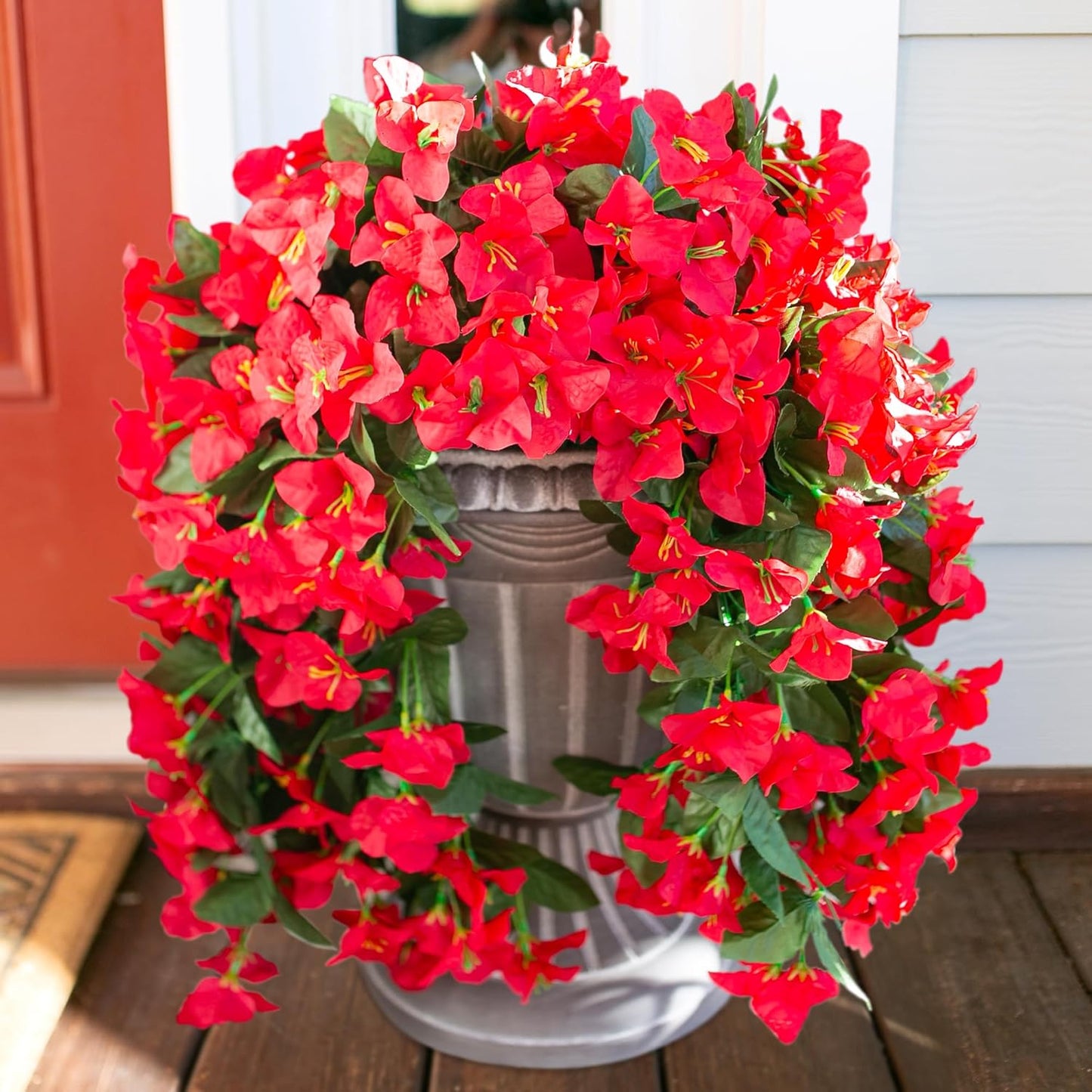 HyeFlora Bougainvillea Artificial Hanging Flowers Plants for Outdoors Decoration, 2pcs Fake Flowers Silk Bougainvillea Vines Realistic UV Resistant Faux Flowers for Outdoor Planters Porch Patio, Red