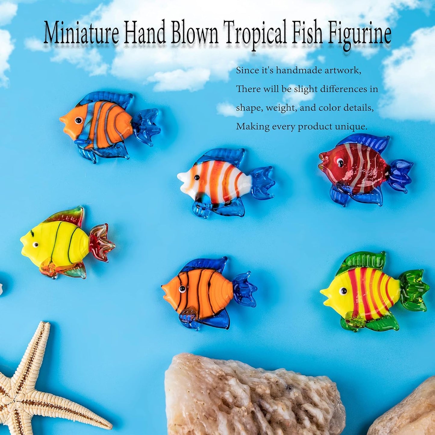 HDCRYSTALGIFTS Miniature Hand Blown Tropical Fish Figurine Handmade Art Glass Sea Animals Collection, Set of 6