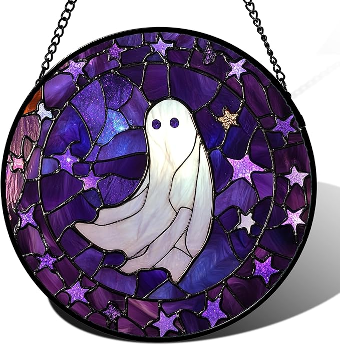 Stained Glass Window Hanging - Halloween Decoration Purple Star White Ghost Suncatcher for Doors Garden Indoor Spooky Sun Catchers Gothic Decor Horror Gifts for Women Men Friend 6.3 in
