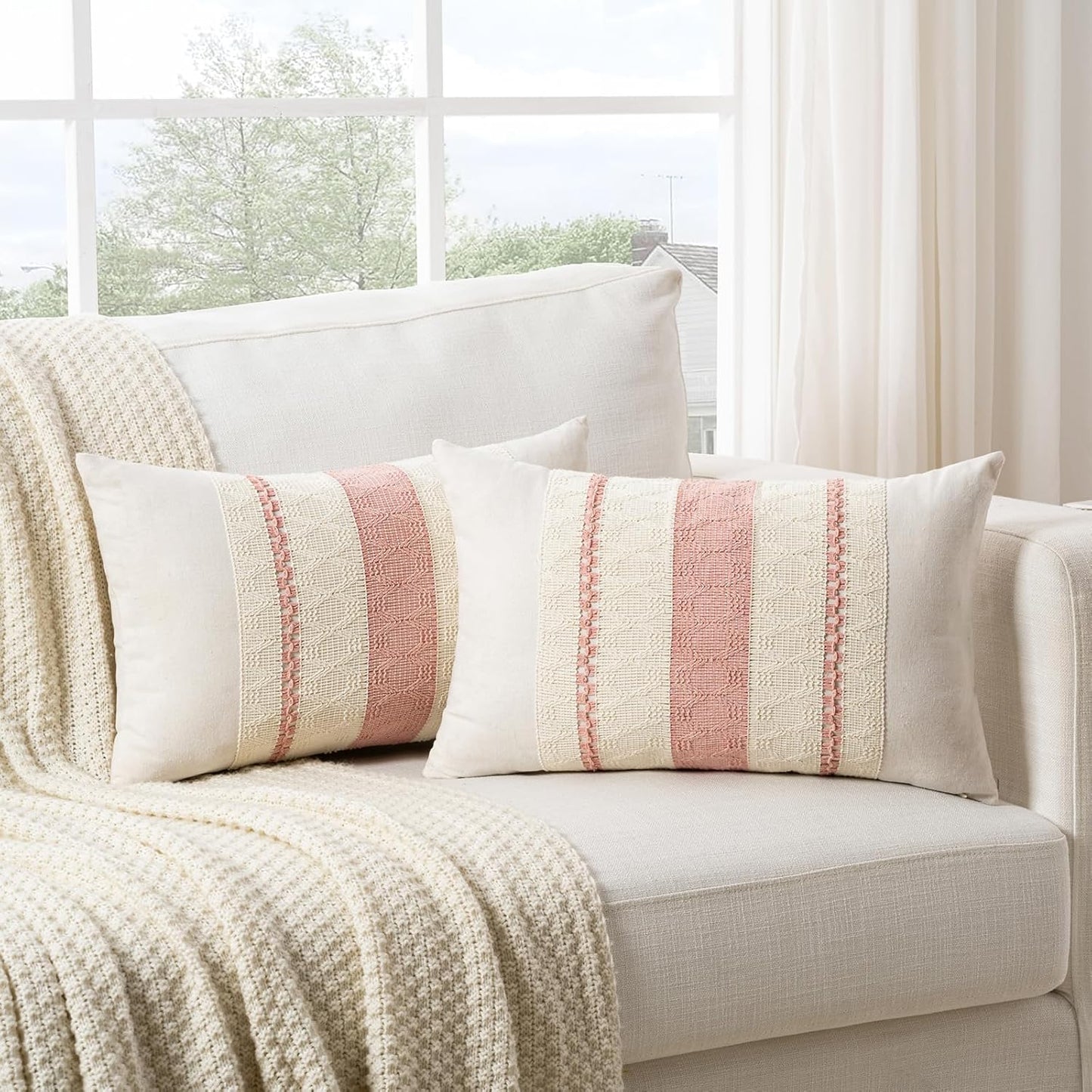 Fancy Homi Set of 2 Boho Pink Lumbar Decorative Throw Pillow Cover 12x20 Inch for Couch Bed Sofa Chair, Modern Organic Farmhouse Home Decor, Soft Cotton Cute Accent Rectangle Cushion Case