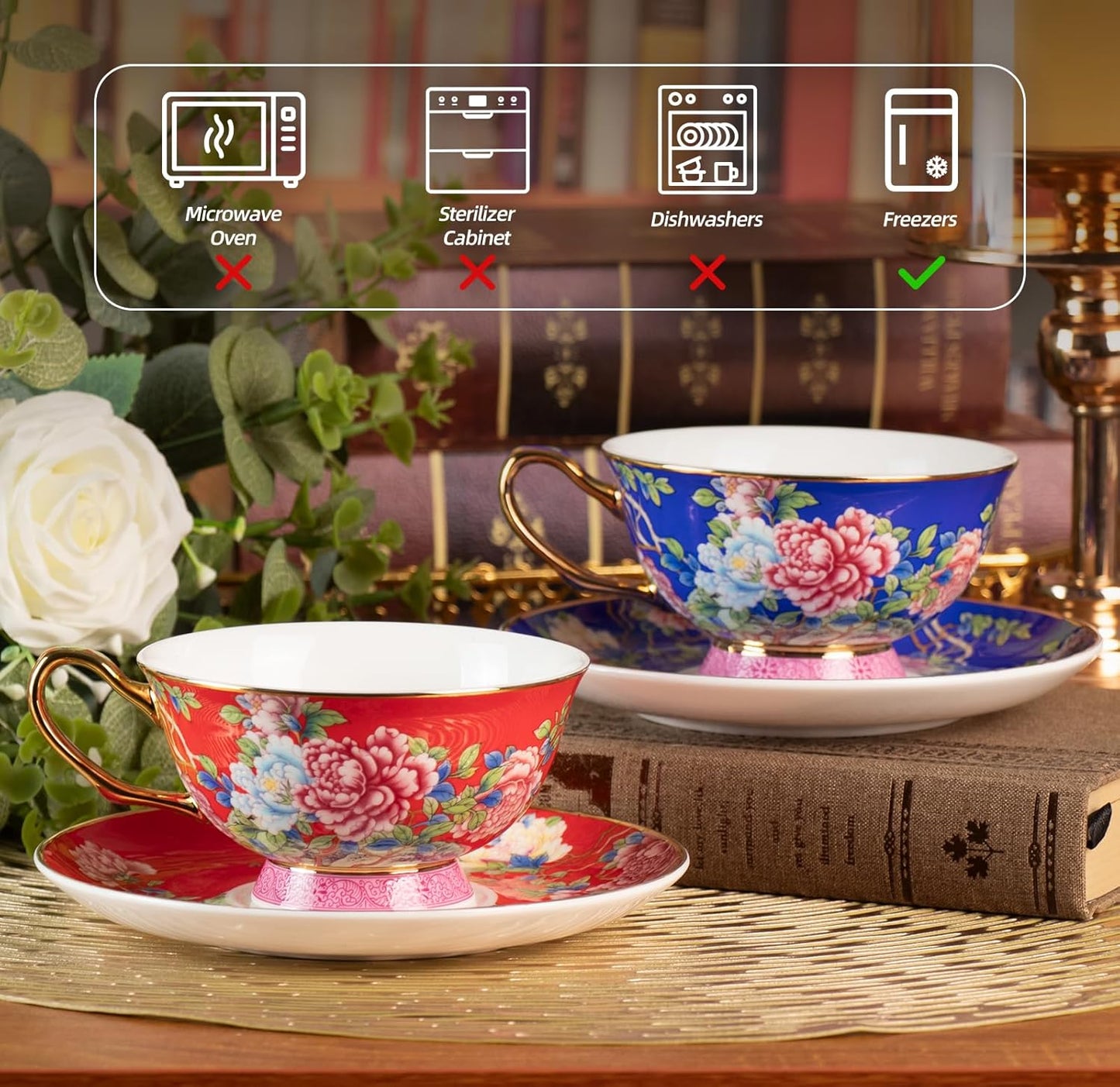 KAMMAK Ceramic Coffee Cups and Saucers Set of 2, Porcelain Espresso Cups with Saucers, 5.64 oz Handcrafted Ceramic Floral Coffee and Tea Cup, Vintage Drinkware for Tea Party, Office, Women Gifts