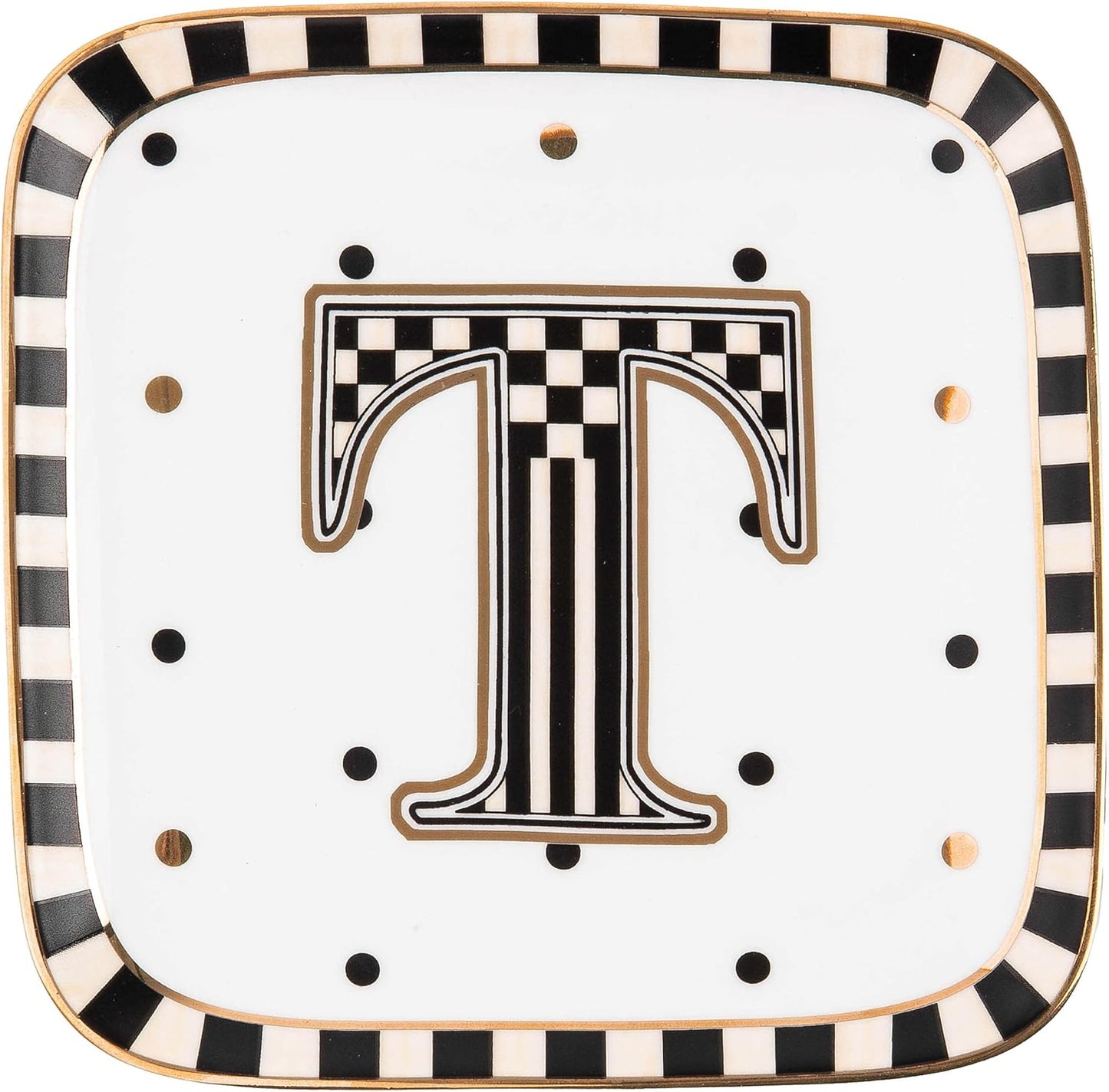 MACKENZIE-CHILDS Monogram Dish, Decorative Ceramic Letter Plate, 5 3/4" Square, T