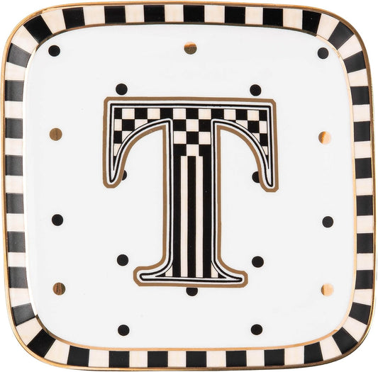 MACKENZIE-CHILDS Monogram Dish, Decorative Ceramic Letter Plate, 5 3/4" Square, T
