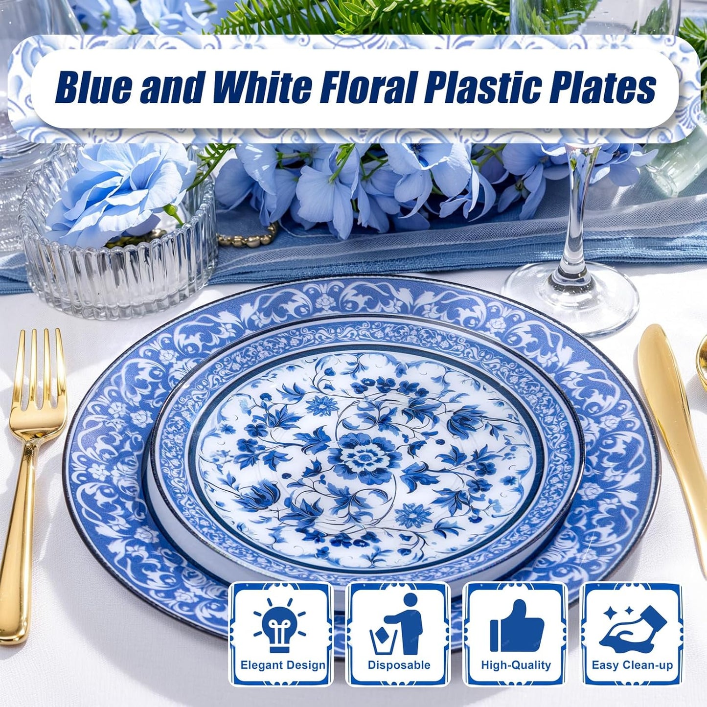 Hioasis 60pcs Blue Plastic Plates Set - Floral Blue & White Porcelain Design, 10.25" Dinner & 7.5" Dessert Plates Disposable for Wedding/Party (Dishwasher Safe, Art Style)