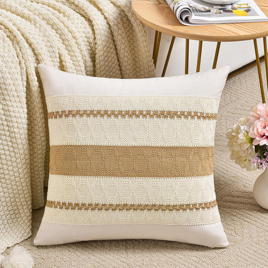 Fancy Homi Set of 1 Tan Neutral Decorative Throw Pillow Cover 20x20 Inch for Couch Bed Sofa, Aesthetic Modern Organic Farmhouse Boho Home Decor, Soft Cotton Cute Accent Macrame Woven Cushion Case