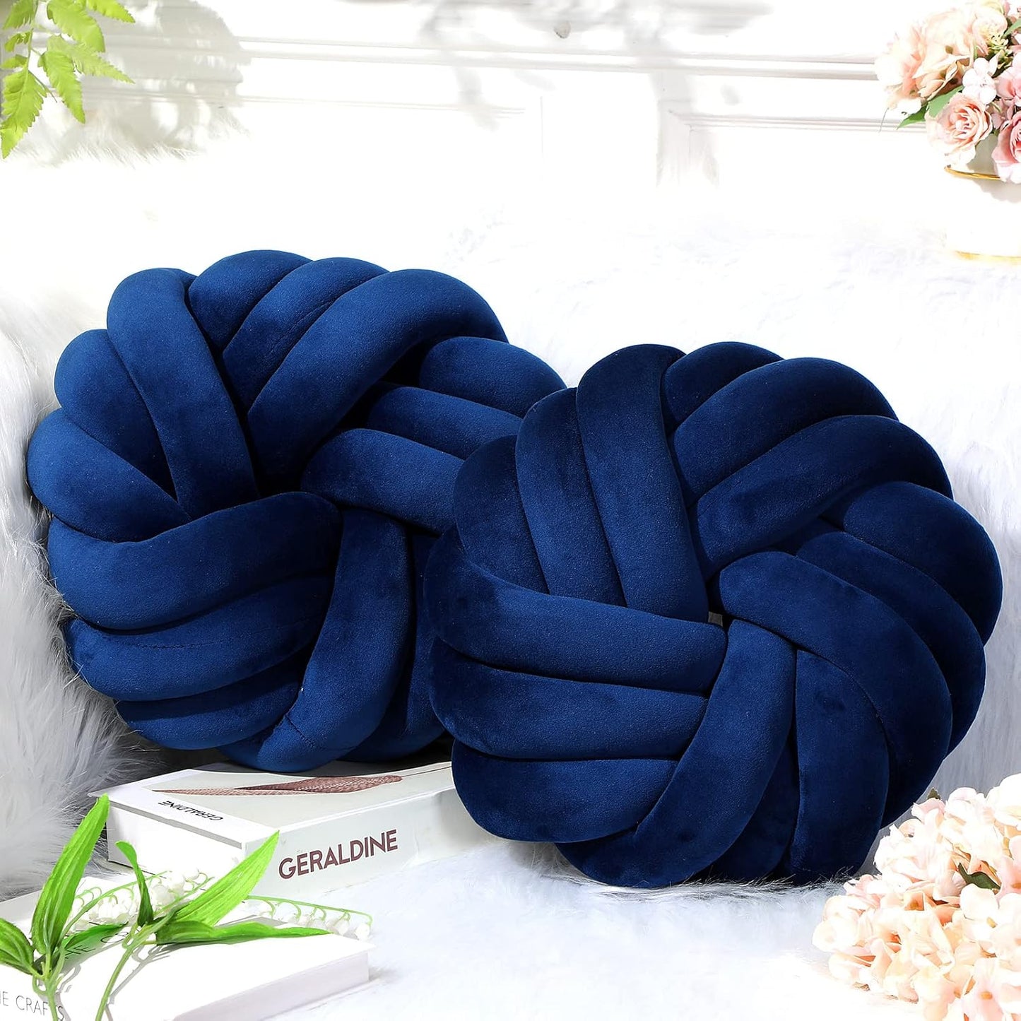 Fumete 2 Pcs 14 Inches Knot Pillow Round Throw Soft Plush Knot Ball Pillow Handmade Knotted Modern Home Decorative Cushion for Bed Bedroom, Sofa, Couch (Royal Blue)