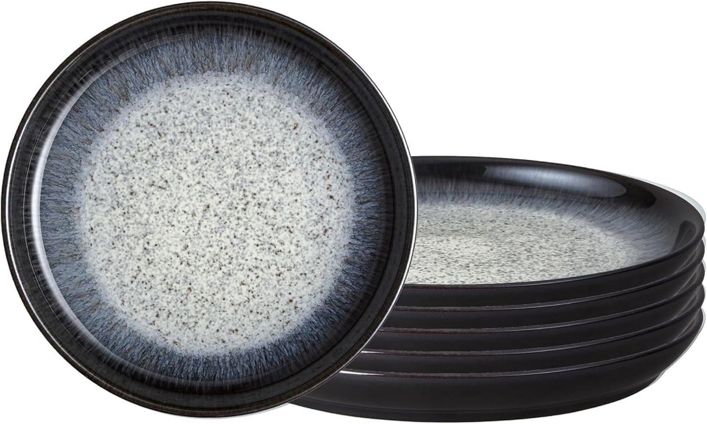 Denby - Halo Coupe Salad Plates Set of 6-8.25 Inch Reactive Glaze, Dishwasher Microwave Oven Safe - Scratch Chip Resistant Lunch, Appetizer, Dessert Plates - Grey, Black Stoneware Dinnerware Set