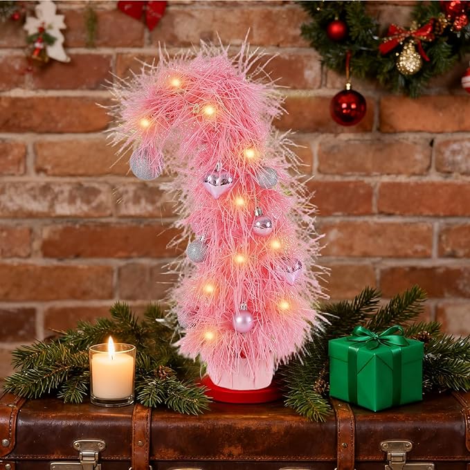 16 inch Pre-Lit Mini Christmas Tree with Ornaments Included, Pink Whimsical Artificial Tabletop Tree for Home, Office Desk & Holiday Decor