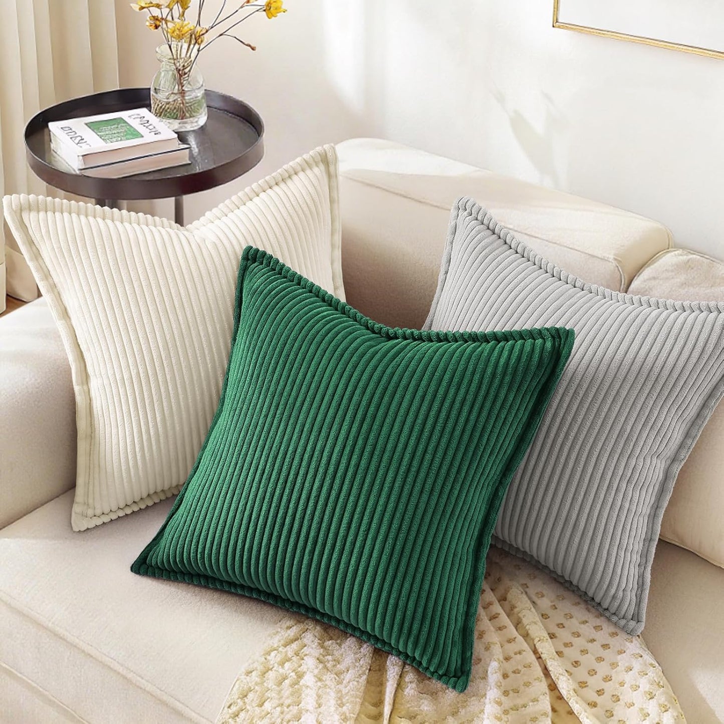 decorUhome Christmas Corduroy Green Throw Pillow Covers 22x22 Set of 2 Decorative Soft Boho Farmhouse Euro Couch Pillow Covers for Living Room Bed Sofa Broadside Striped Pillow Cases