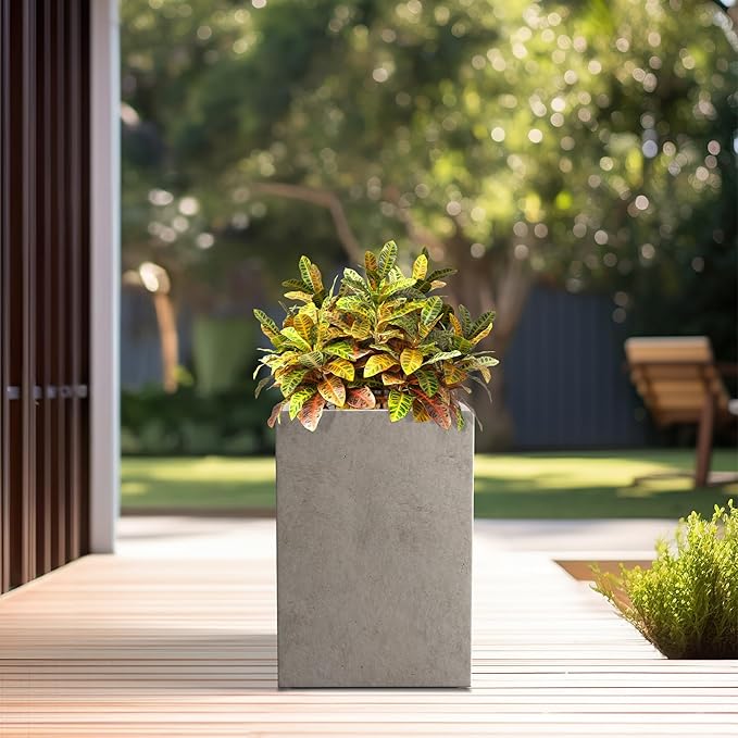 Kante 12.6" H Tall Rectangular Concrete Planters, Outdoor Indoor Lightweight Plant Pots with Drainage Hole and Rubber Plug, Modern Style for Home Garden Patio, Weathered Concrete