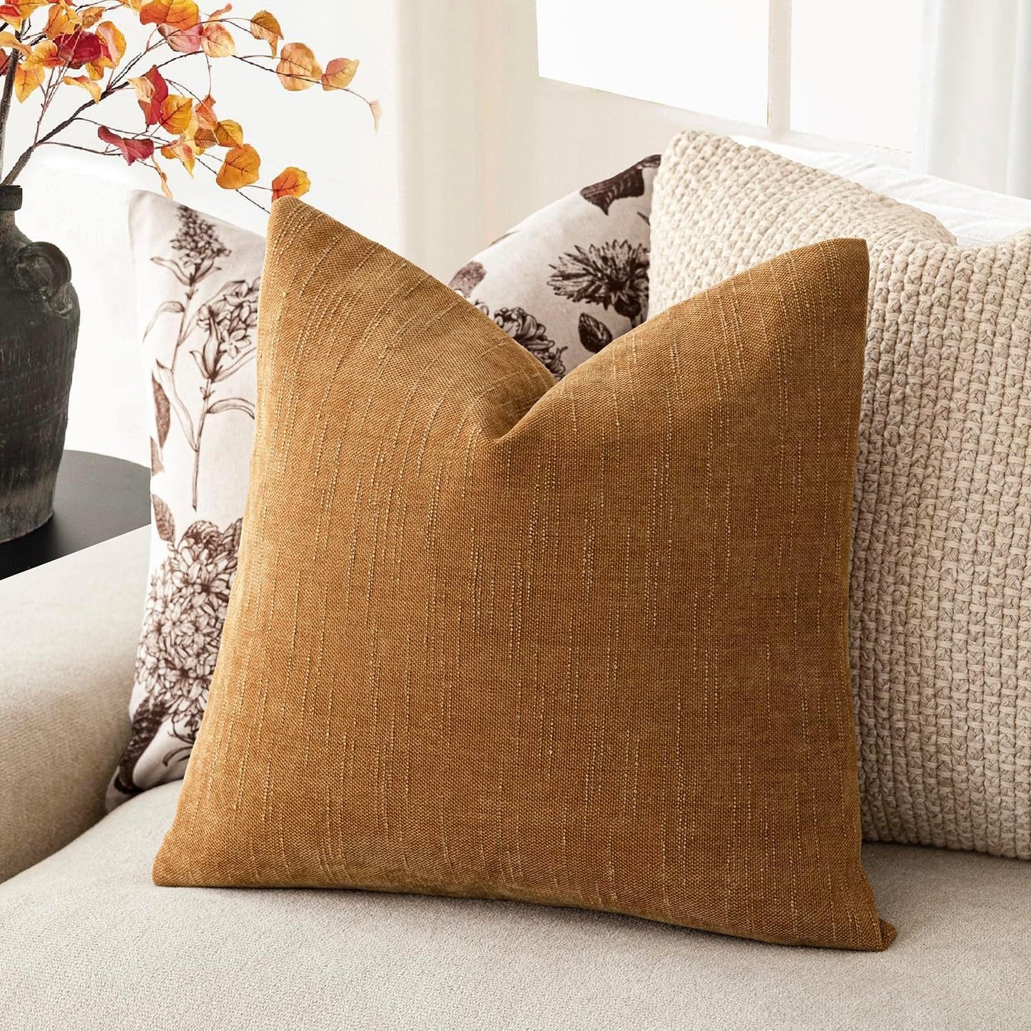 Foindtower Set of 2 Soft Textured Chenille Throw Decorative Pillow Covers Square Accent Solid Cushion Cover Neutral Farmhouse Pillow Case for Couch Sofa Bedroom Living Room 24x24 Inch,Golden Brown