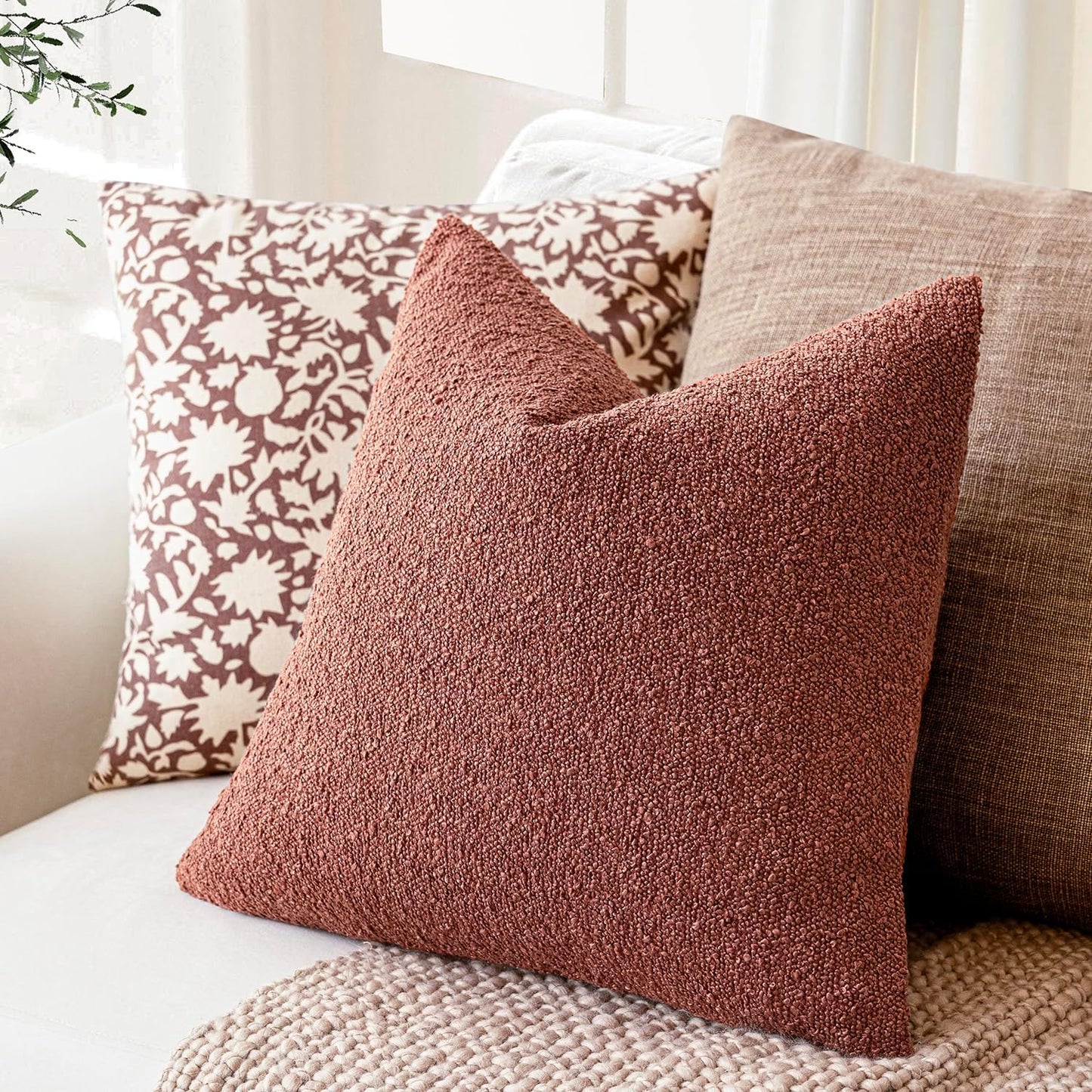 Foindtower Decorative Textured Boucle Throw Pillow Covers Accent Solid Pillow Cases Neutral Soft Cozy Couch Cushion Case for Chair Sofa Bedroom Living Room Home Decor 26x26 Inch,1PC,Orange Rust Red