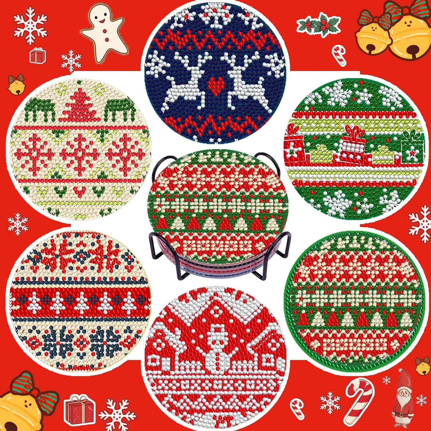 DOTSOPS Christmas Diamond Art Coasters with Holder 6 Pcs Diamond Painting Kits for Adults Beginners Diamond Craft Gem Art Dots Halloween Birthday