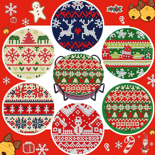 DOTSOPS Christmas Diamond Art Coasters with Holder 6 Pcs Diamond Painting Kits for Adults Beginners Diamond Craft Gem Art Dots Halloween Birthday