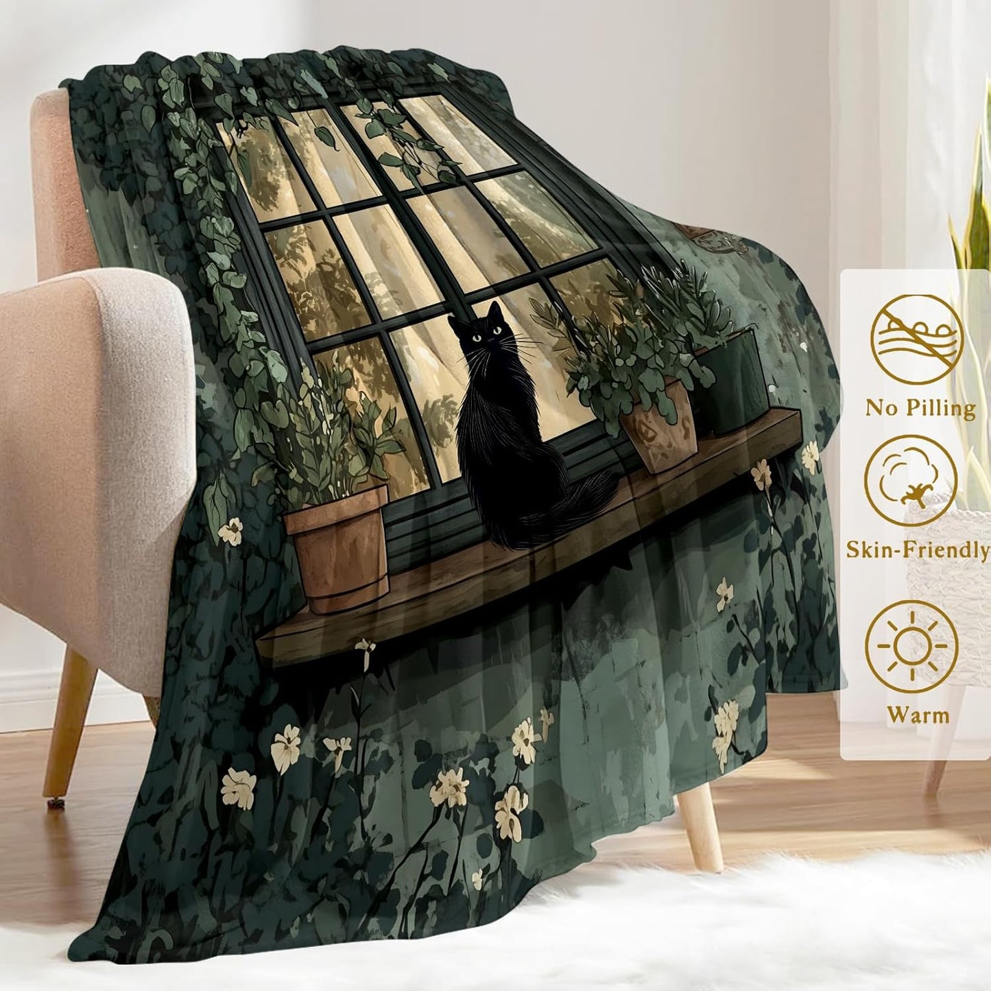 Black Cat and Window Flannel Blanket - Lightweight Soft Cozy Unique Gifts Blankets for Kitten Lovers,Kids,Adult,Women,Vintage Botanical Cottage Throw,Home Room Modern Decor 40x50in