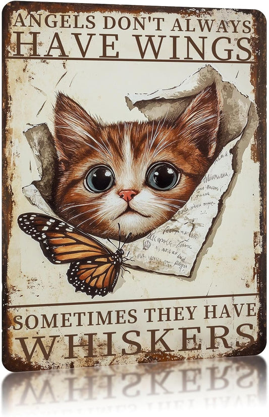 Funny Cat Metal Signs Vintage Angels Don't Always Have Wings Sometimes They Have Whiskers Tin Sign Retro Wall Decor for Home Living Room Garden Yard 8×12 Inch