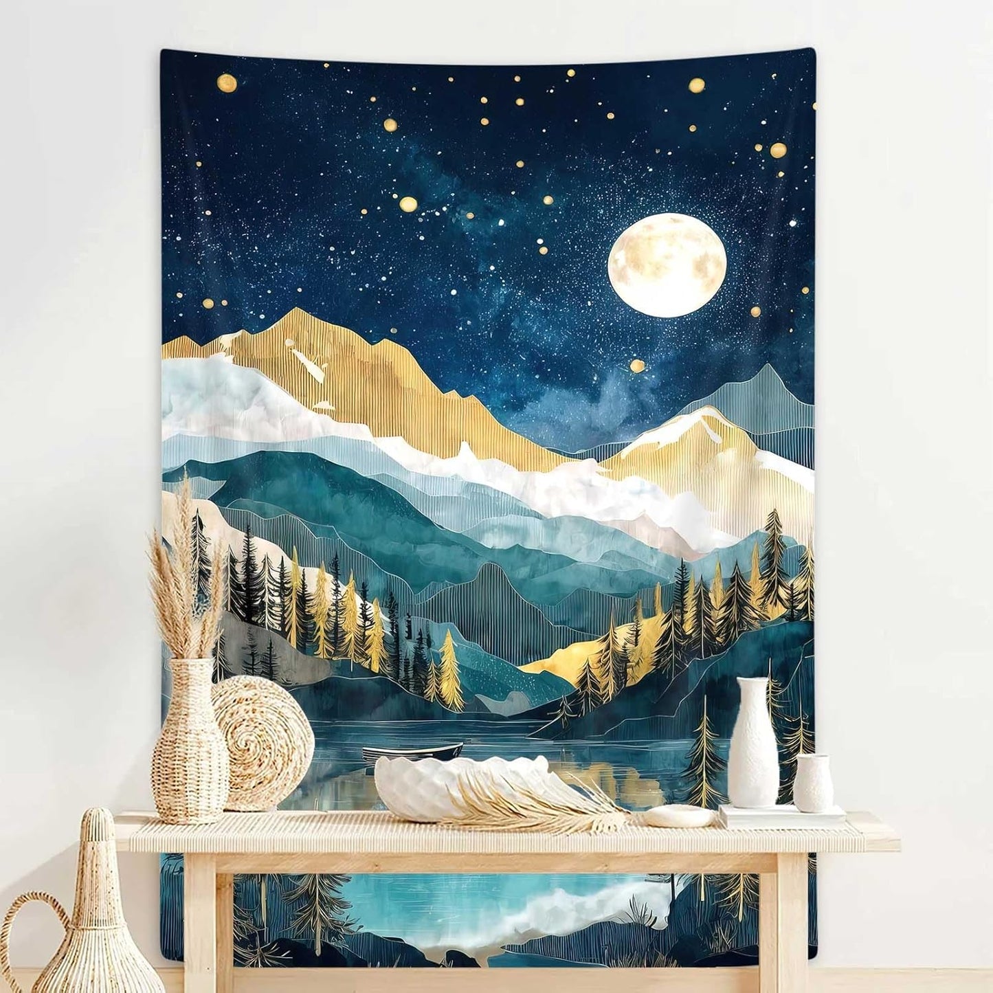 DYNH Boho Mountain Vertical Tapestry, Nature Forest Tree Lake Moon Tapestries, Bohemian Minimalist Mid Century Night Tapestry Wall Hanging for Bedroom College Dorm Asthetic Home Decor,60X80Inches