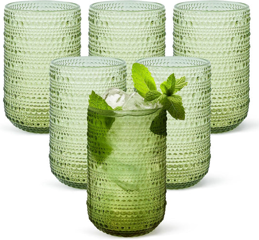 Hobnail Drinking Glasses Set of 6, 14 oz Vintage Glassware Set, Embossed Green Water Tumbler for Beer, Juice, Cocktail, Whiskey, Milk, Green