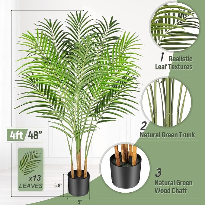 4ft Tall Fake Palm Tree with 13 Trunks and Real Bark Design, Green, Premium Polyester