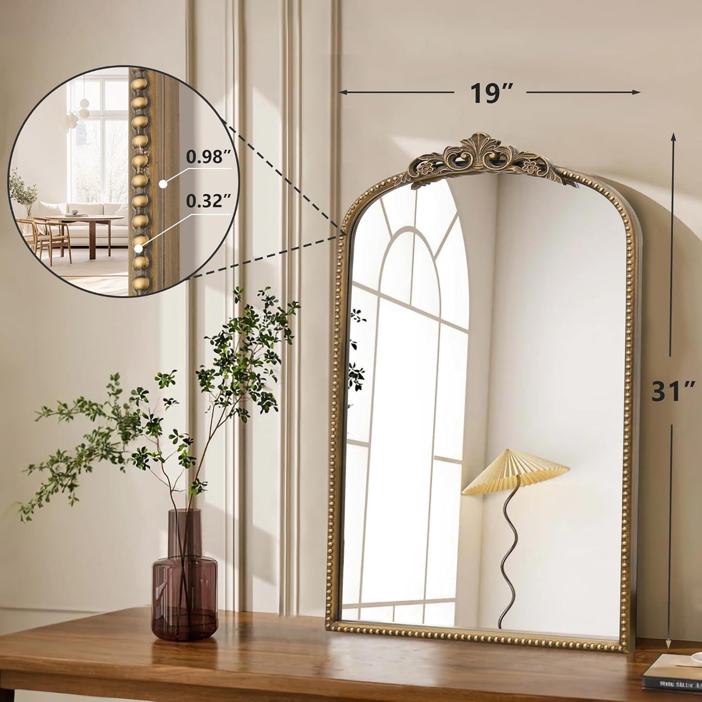 Micasso Vintage Wall Gold Mirror: 31"x 19" French Baroque Antique Mirror - Traditional Ornate Decorative Arched Mirrors for Wall/Bathroom/Entryway/Fireplace/Hallway - Home Decor for Living Room