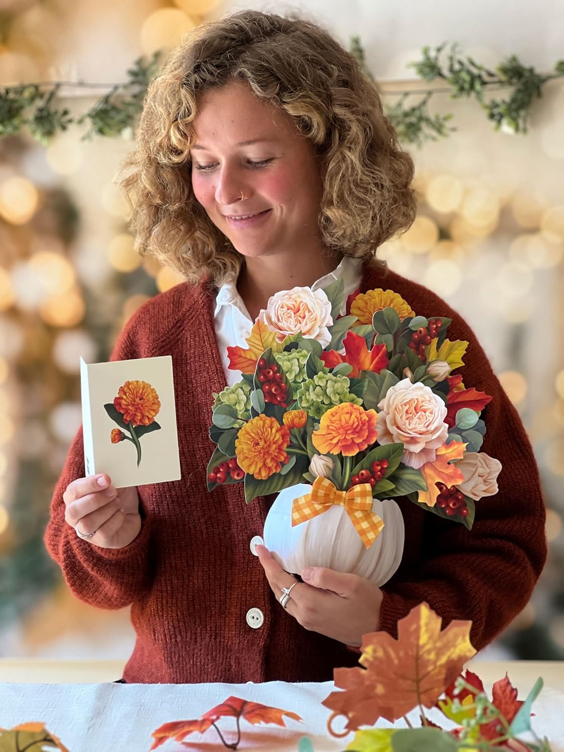 Freshcut Paper Pop Up Cards, Pumpkin Spice, 12 Inch Life Sized Forever Flower Bouquet 3D Popup Greeting Card, Autumn Cards, Birthday Card, Blank Notecard & Envelope