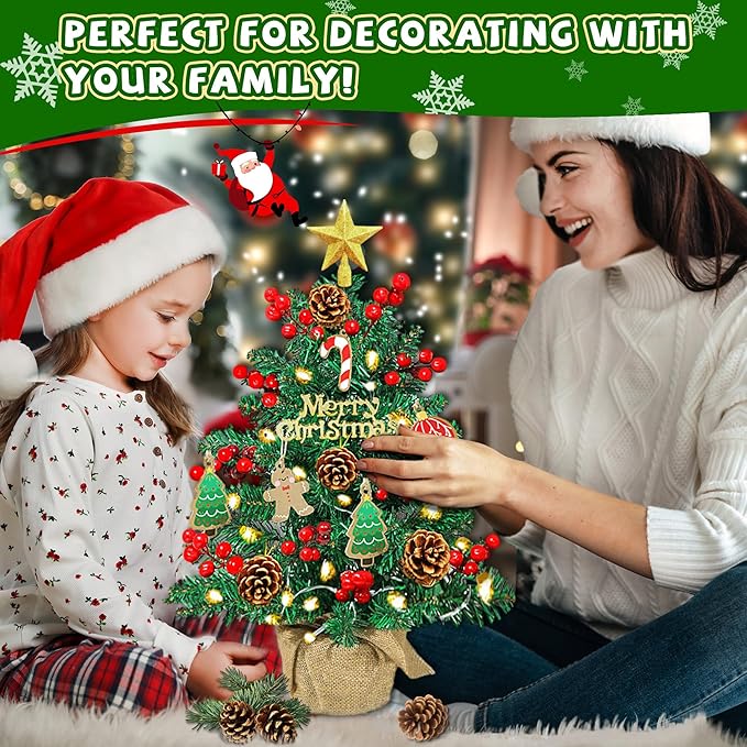 2FT Tabletop Mini Christmas Tree, 24 Inch Small Artificial Christmas Tree with Warm LED Lights, Star Treetop, DIY Ornaments, New Xmas Pine Tree Decoration for Kid Friend Family Holiday Home Office