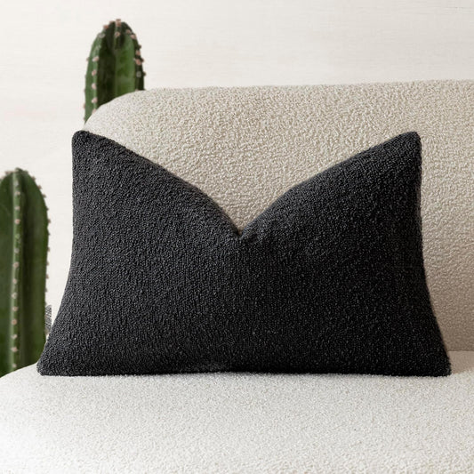 Foindtower Decorative Textured Boucle Throw Pillow Covers Accent Solid Lumbar Pillow Cases Neutral Soft Cozy Couch Cushion Case for Chair Sofa Bedroom Living Room Home Decor 12 x 20 Inch,Black