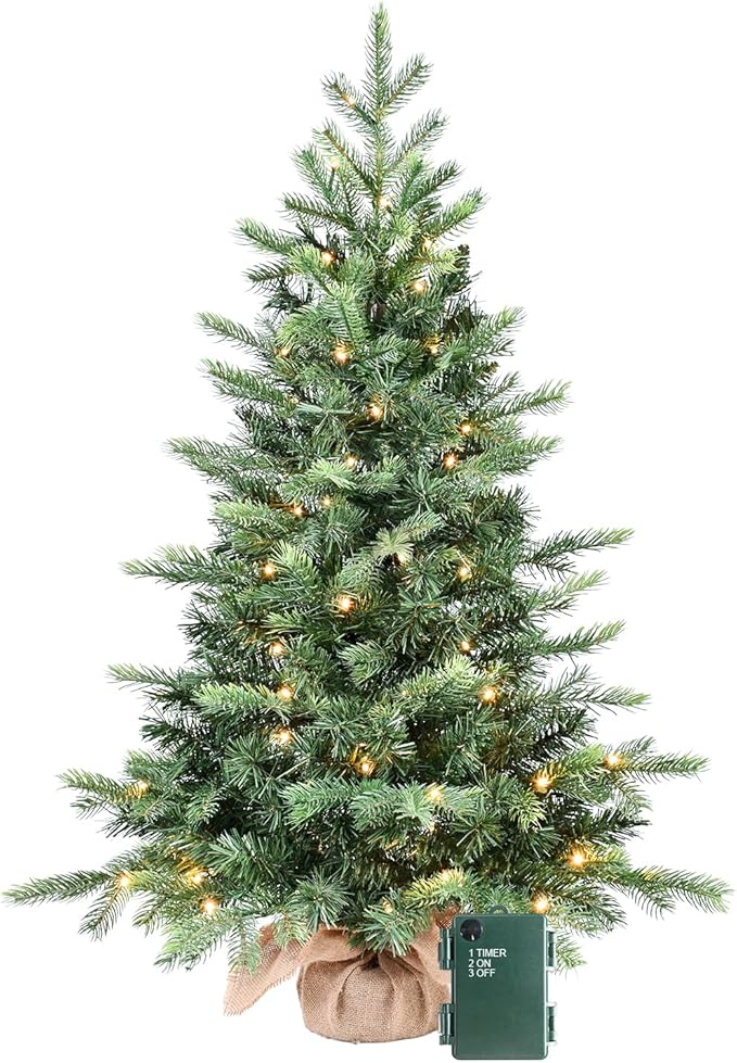 3ft Pre-lit Small Christmas Tree Artificial Nordic Spruce Mini Table Top Christmas Tree with 70 LED Lights 315 PE & PVC Mixed Branches Tips Burlap Wrapped Base Xmas Tree for Home Office Decor