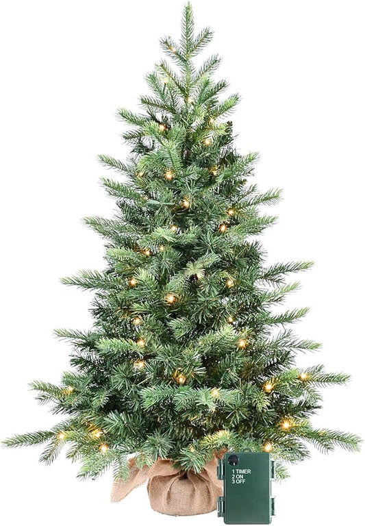 3ft Pre-lit Small Christmas Tree Artificial Nordic Spruce Mini Table Top Christmas Tree with 70 LED Lights 315 PE & PVC Mixed Branches Tips Burlap Wrapped Base Xmas Tree for Home Office Decor