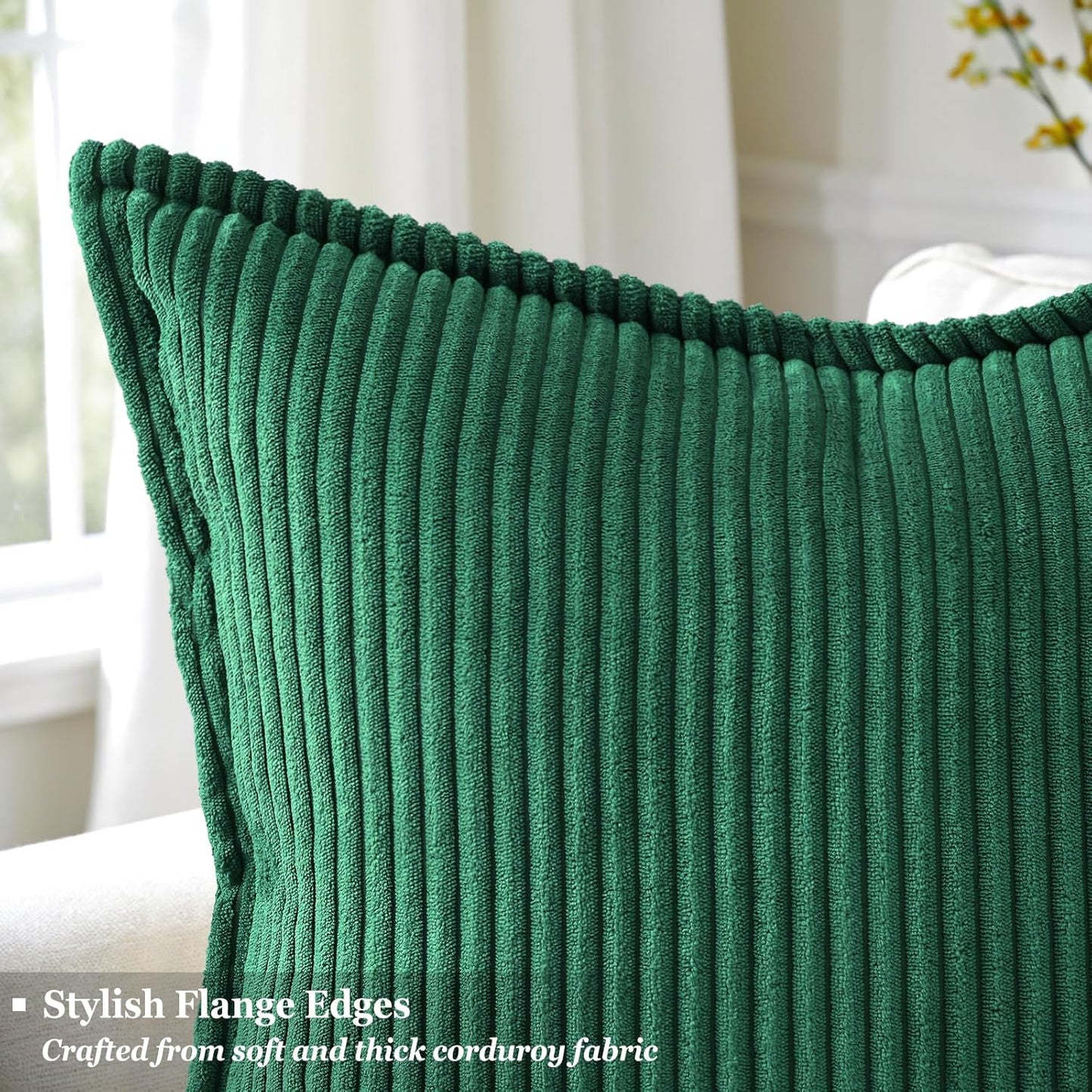 decorUhome Christmas Corduroy Green Throw Pillow Covers 22x22 Set of 2 Decorative Soft Boho Farmhouse Euro Couch Pillow Covers for Living Room Bed Sofa Broadside Striped Pillow Cases