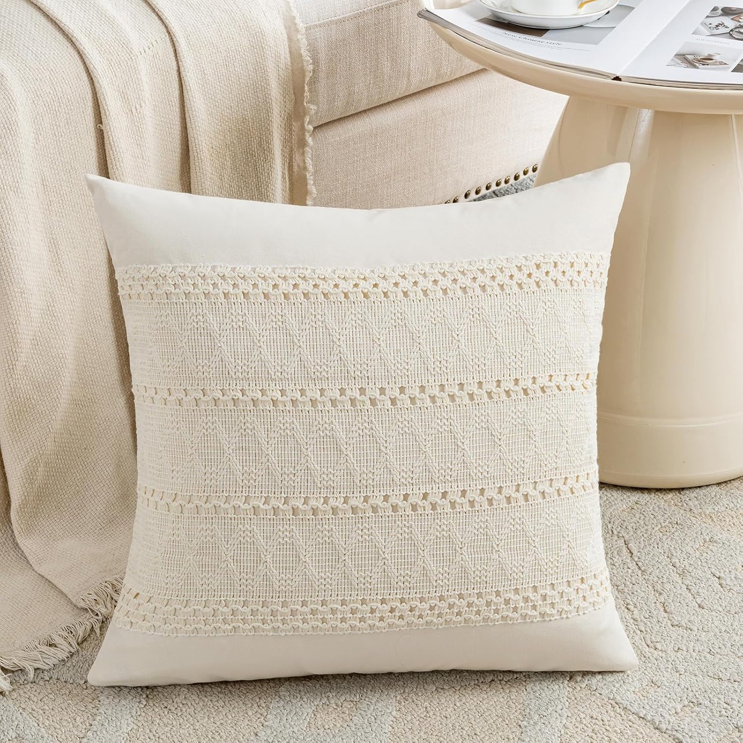 Fancy Homi Set of 1 Boho Cream Decorative Throw Pillow Cover 16x16 Inch for Couch Bed Sofa, Aesthetic Modern Organic Farmhouse Home Decor, Soft Cotton Cute Accent Macrame Woven Cushion Case