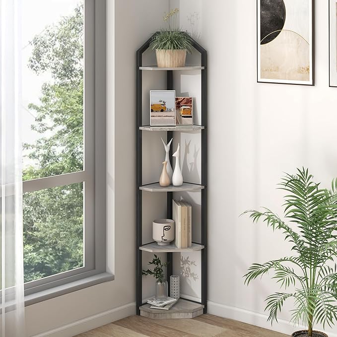 Fun Memories 5 Tier Corner Shelf, 70” Corner Shelf Stand, Corner Bookshelf Plant Stand, Storage Shelf for Bathroom, Living Room, Kitchen,Grey Home Office, Grey
