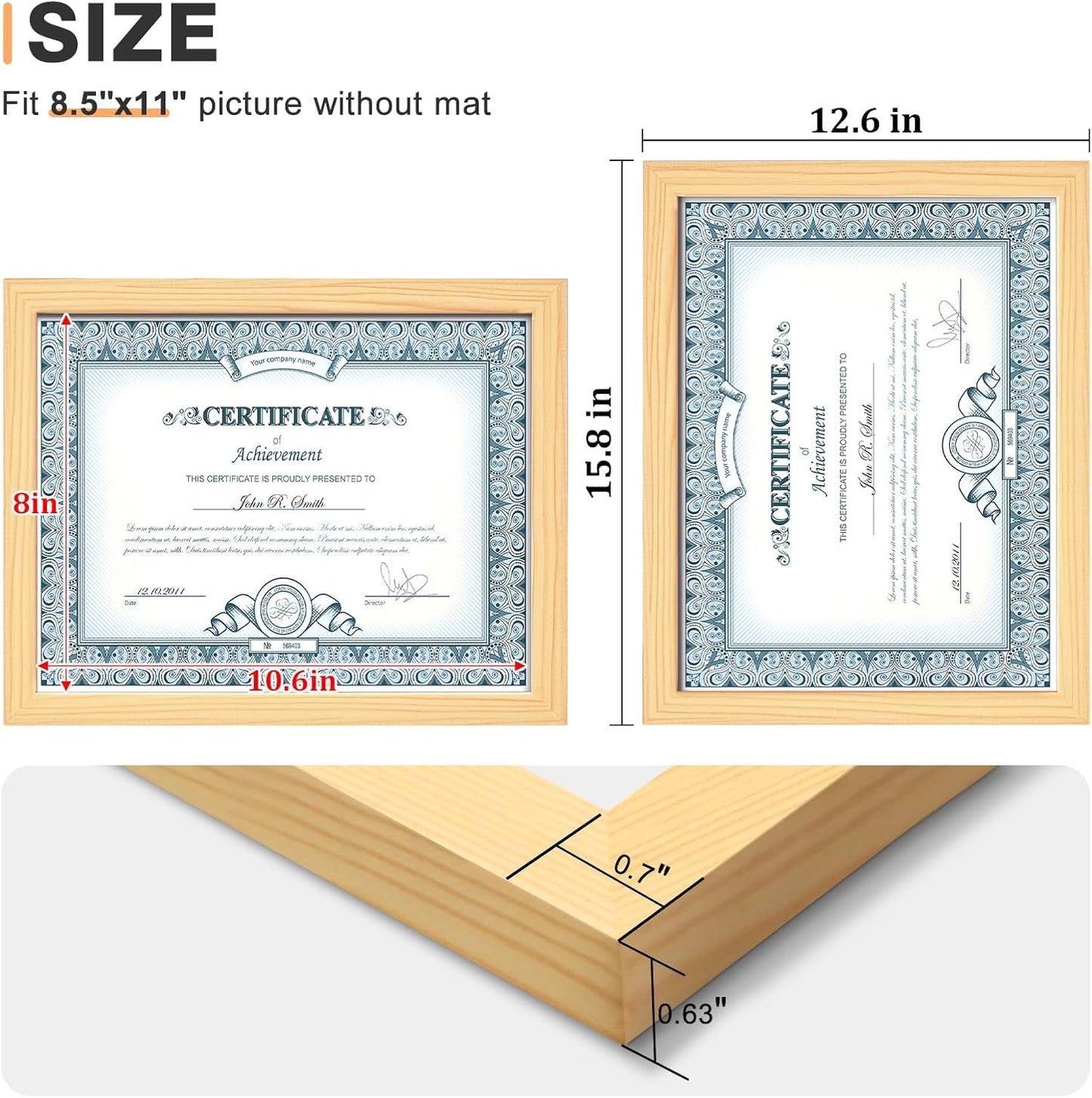Egofine 8.5x11 Picture Frames Set of 4, Made of Solid Wood Covered by Plexiglass for Document,Diploma, Certificates and Degree, for Table Top Display and Wall Mounting Photo Frame Natural Wood
