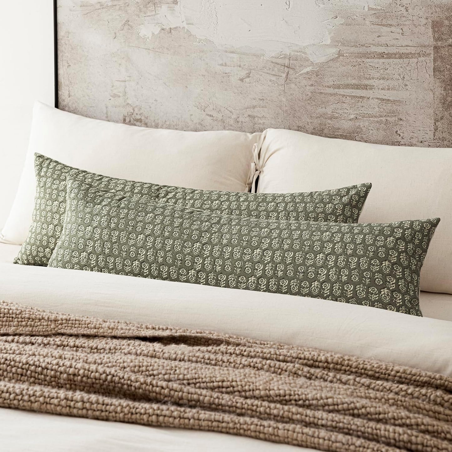 Foindtower Set of 2 Decorative Long Body Lumbar Throw Pillow Covers Neutral Modern Farmhouse Cushion Covers Vintage Home Decor for Sofa Couch Chair Bedroom Living Room,14×36 Inch,Sage Green