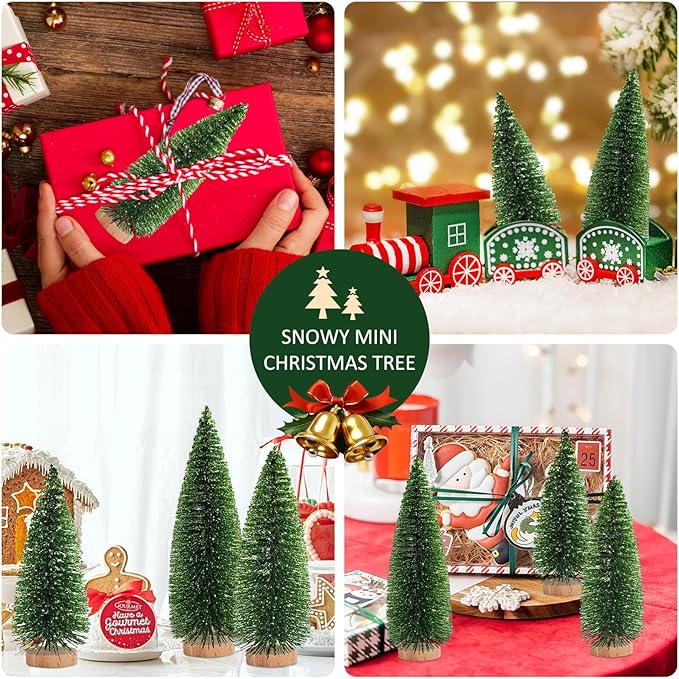 12 Pcs Mini Christmas Tree, Tabletop Christmas Tree with Wooden Bases Artificial Mini Tree with 3 Sizes Christmas Table Decor Bottle Brush Trees for Christmas Decorations (Green Glitter)