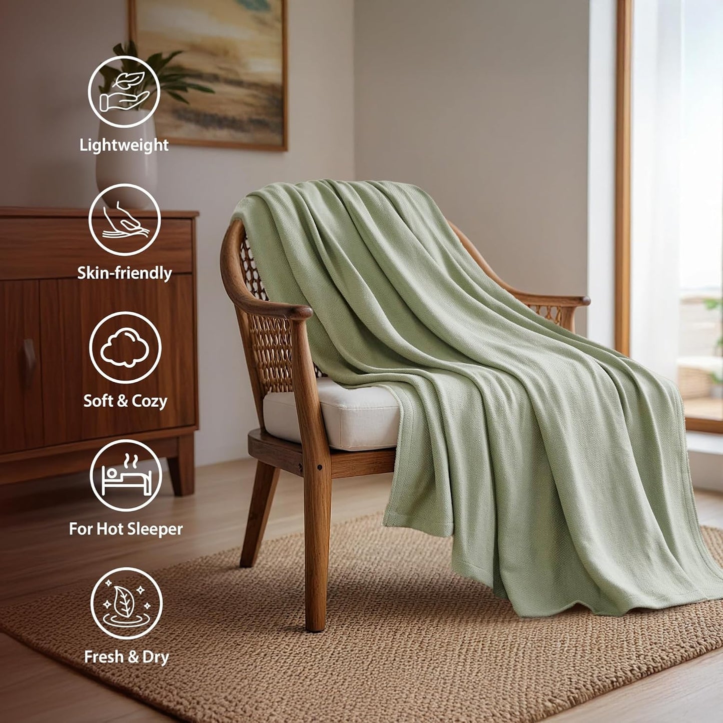 King Size Blanket, 70% Rayon (Derived from Bamboo) and 30% Cotton, Lightweight Jacquard Weave, Breathable and Soft Summer Blanket for Bed or Couch, 108” x 90”, Sage Green