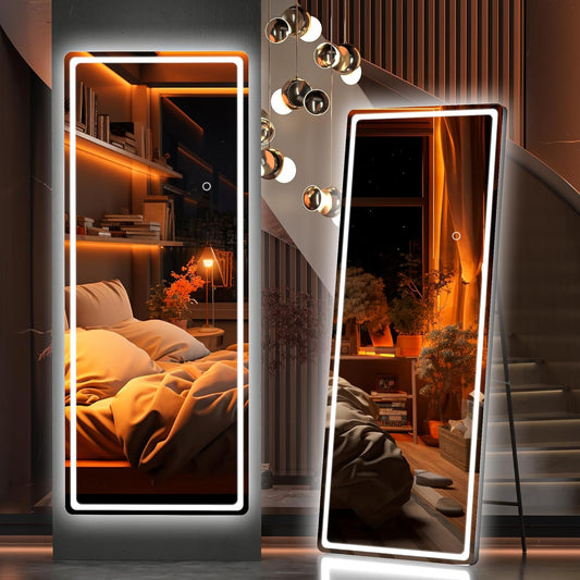 Hasipu Full Length Mirror with Lights, 56" x 20" LED Floor Mirror, Full Body Dressing Standing, Hanging Mounted Mirror for Living Room Bedroom Cloakroom, Round Black