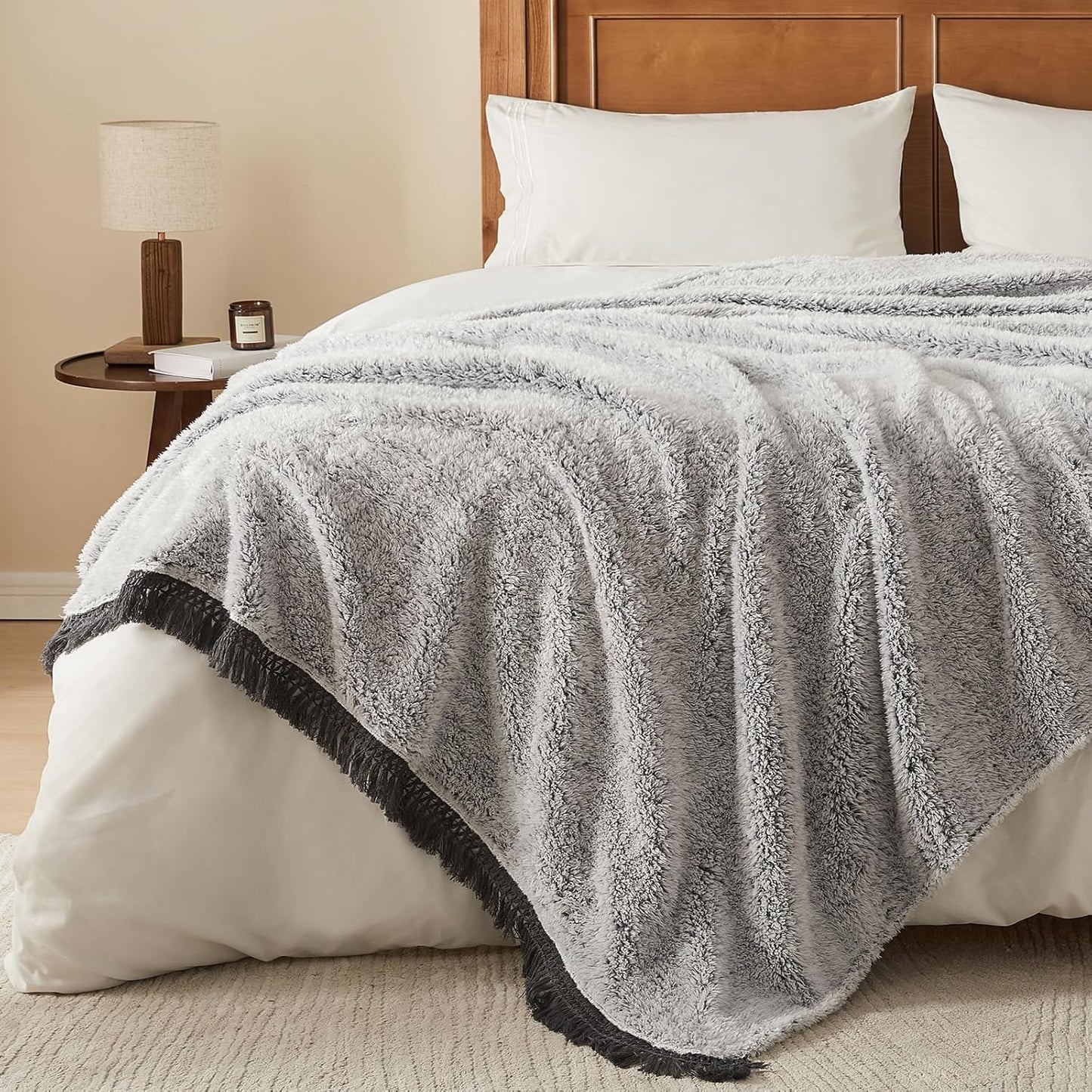 EMME Soft Sherpa Fleece Blanket with Tassel, Reversible Plush Fluffy Large Blanket, Light Weight Warm Decorative Boho Blanket Cover for Sofa, Couch, Bedroom,Travel(Tassel Grey,90"x90")
