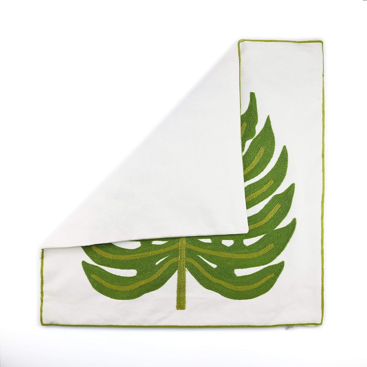 Embroidery Throw Pillow Cover 18x18 Home Decor Green Leaf Floor Pillow Cover for Couch 100% Cotton Cushion Cover Pillowcase Tropical Monstera Leaves Embroidered 45x45cm, 1 Piece