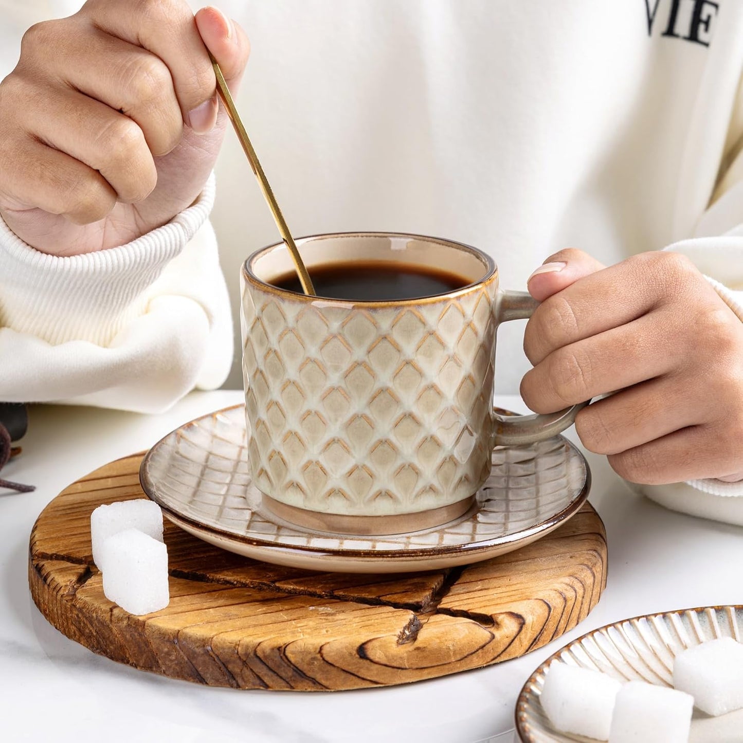 GBHOME 6OZ Stackable Coffee Mugs, Ceramic Coffee Mugs with Texture Patterns for Man,Woman,Dad,Mom, Modern Coffee Cups Set of 4 for Espresso/Cappuccino. Dishwasher&Microwave Safe