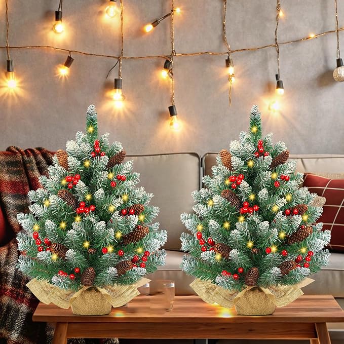 [2 Pack & Timer] 24 Inch Realistic Snowy Tabletop Christmas Tree Small Christmas Tree with 50 Warm Lights Battery Operated Red Berries Pine Cone Burlap Base Indoor Home Table Christmas Decorations