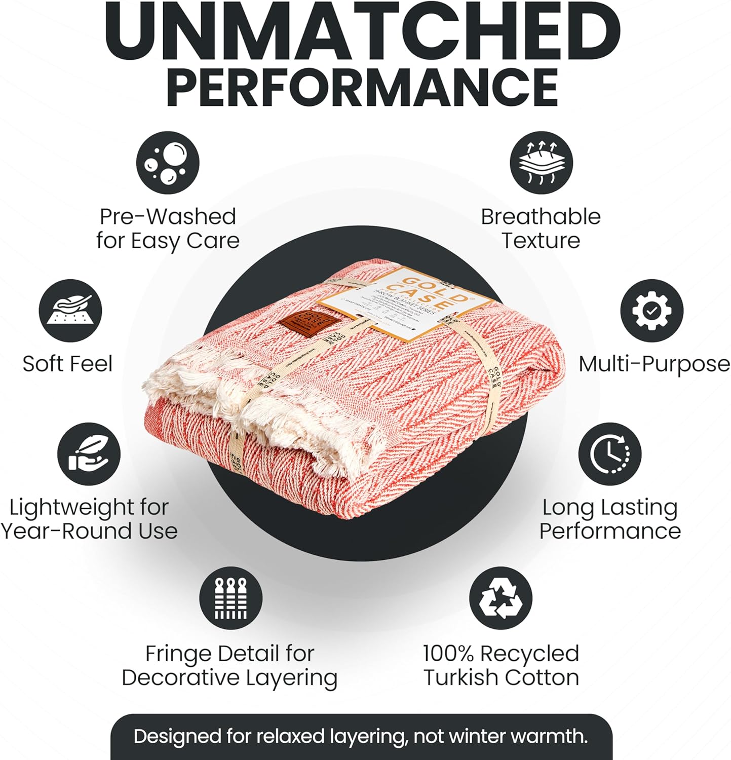 Gold Case Throw Blanket for Couch - 100% Recycled Turkish Cotton Blankets & Throws - Vintage Soft Throw Blankets for Living Room - Boho Decorative Woven Couch Blanket - 50x60 - Orange